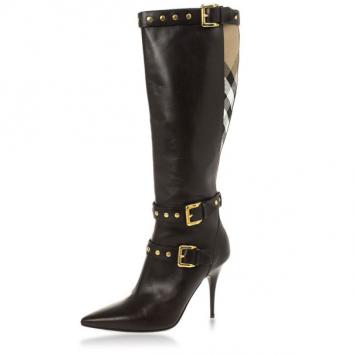 Pre Owned Burberry Brown Inset Check Print Leather Boots Size 37