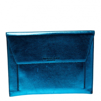 Pre Owned Burberry Metallic Blue Leather Envelope Clutch