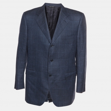 Pre Owned Canali Navy Blue Check Pattern Wool Blend Single Breasted Blazer XL