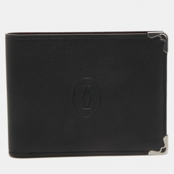 Pre Owned Cartier Black Leather Must De Cartier 6CC Bifold Wallet