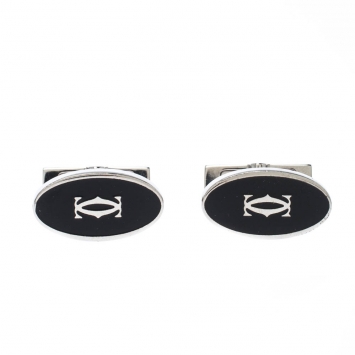 Pre Owned Cartier Double C Logo Black Enamel Silver Cufflinks