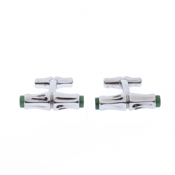Pre Owned Cariter Bamboo Decor Green Stone Inlay Silver Cufflinks