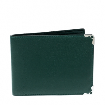 Pre Owned Cartier Green Leather Must De Cartier Bifold Wallet 