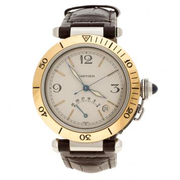 Pre Owned Cartier Cream 18K Yellow Gold and Stainless Steel Pasha de Cartier 1033 Men's Wristwatch 38 mm