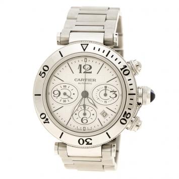 Pre Owned Cartier White Stainless Steel Pasha Seatimer Chronograph 2995 Men's Wristwatch 42MM
