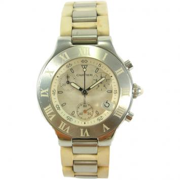 Pre Owned Cartier Off White Stainless Steel Must 21 Chronoscaph Date W10184U2 Men's Wristwatch 37MM