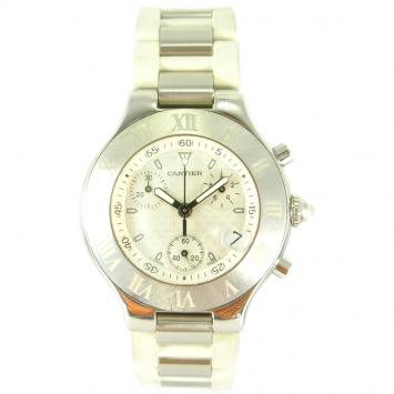Pre Owned Cartier White Stainless Steel and Rubber Must 21 Chronoscaph 2424 Chronograph W10184U2 Men's Wristwatch 37MM
