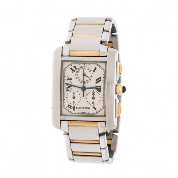 Pre Owned Cartier Cream 18K Yellow Gold Stainless Steel Tank Francaise Chronoflex 2303 Men's Wristwatch 28 mm