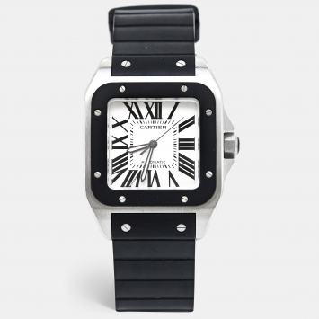 Pre Owned Cartier Silver Stainless Steel Rubber Santos 100 W20121U2 Men's Wristwatch 38 mm 