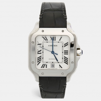 Pre Owned Cartier Silver Stainless Steel Alligator Leather Santos 4072 Men's Wristwatch 39.8 mm