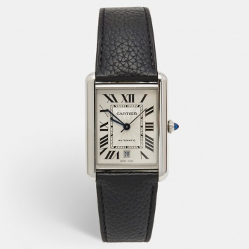 Pre Owned Cartier Silver Stainless Steel Leather Tank Must Extra Large WSTA0040 Unisex Wristwatch 31 mm
