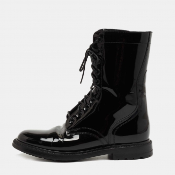 Pre Owned Celine Black Patent Leather Combat Boots Size 38