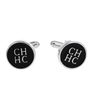 Pre Owned CH Carolina Herrera Logo Black Enamel Silver Tone Cufflinks