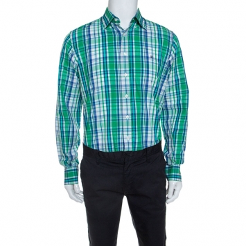 Pre Owned CH Carolina Herrera Green and Blue Cotton Madras Check Shirt L