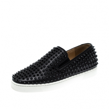 Pre Owned Christian Louboutin Black Leather Roller Boat Spiked Slip On Sneakers Size 41.5