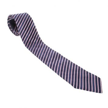 Pre Owned Chanel Navy Blue and Pink Striped CC Logo Silk Tie