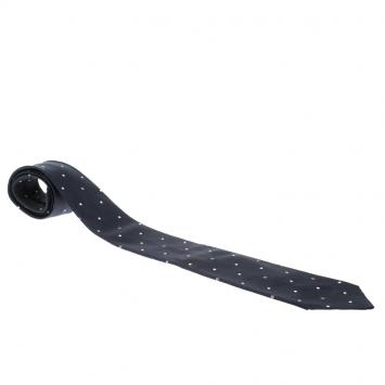 Pre Owned Chanel Navy Blue Embroidered Polka Dot and Logo Detail Silk Tie