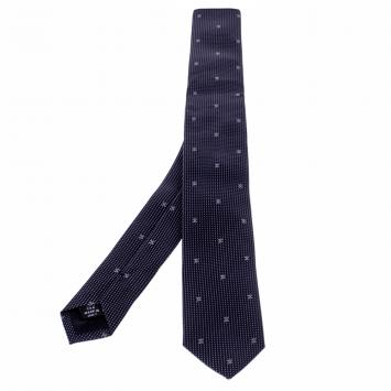 Pre Owned Chanel Navy Blue Micro Dot Logo Pattern Skinny Silk Tie