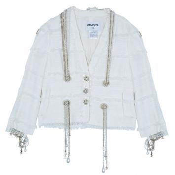 Pre Owned Chanel Ivory Tweed Lace/Pearl Trimmed Jacket M