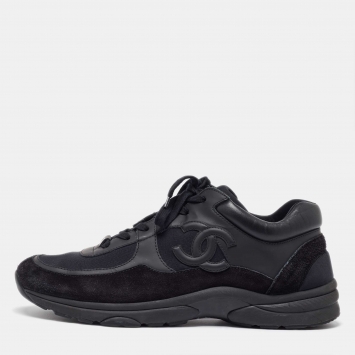Pre Owned Chanel Black Suede and Neoprene CC Low Top Sneakers Size 45