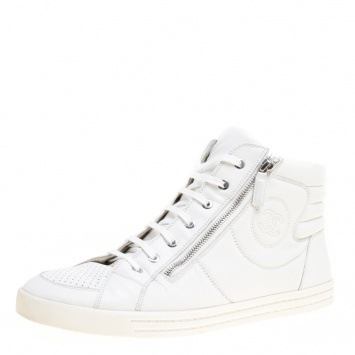 Pre Owned Chanel White Leather CC High Top Sneakers Size 45