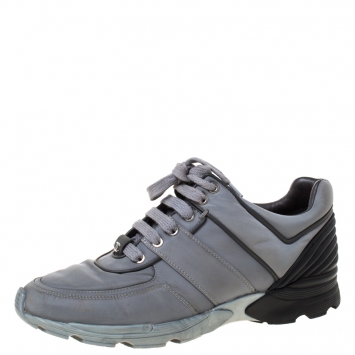 Pre Owned Chanel Grey/Black Nylon Lace Up Sneakers Size 42