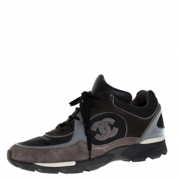 Pre Owned Chanel Black/Grey Neoprene Fabric and Leather Stitched CC Lace Up Sneakers Size 44