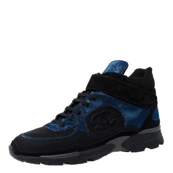 Pre Owned Chanel Black/Blue Mesh/Fabric and Suede CC High Top Sneakers Size 42
