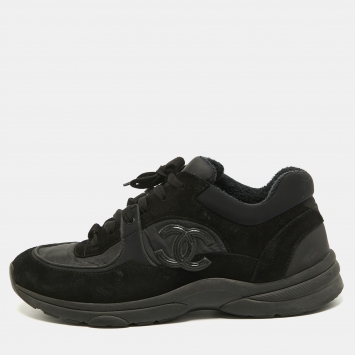 Pre Owned Chanel Black/Blue Nylon and Suede CC Low Top Sneakers Size 43