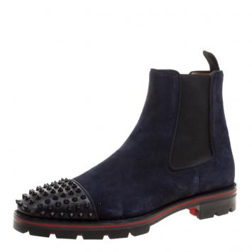 Pre Owned Christian Louboutin Navy Blue Suede Melon Spikes Ankle Boots Size 44