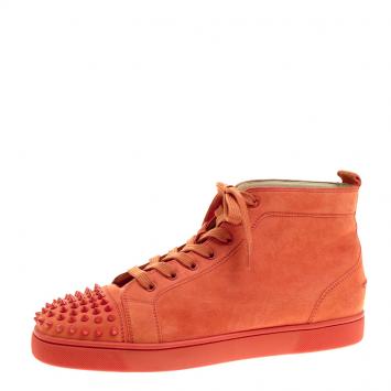 Pre Owned Christian Louboutin Orange Suede Lou Spikes High Top Sneakers Size 44.5