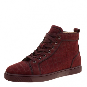 Pre Owned Christian Louboutin Burgundy Croc Effect Suede Louis High Top Sneakers Size 40.5