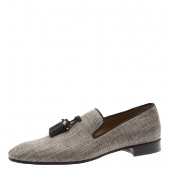 Pre Owned Christian Louboutin Grey Canvas Dandelion Spiked Tassel Detail Loafers Size 40