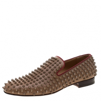 Pre Owned Christian Louboutin Brown Leather Rollerboy Spike Loafers Size 40