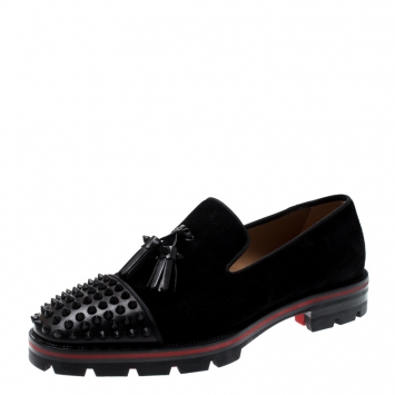 Pre Owned Christian Louboutin Black Suede And Leather Rossini Spike Embellished Cap Toe Platform Loafers Size 40