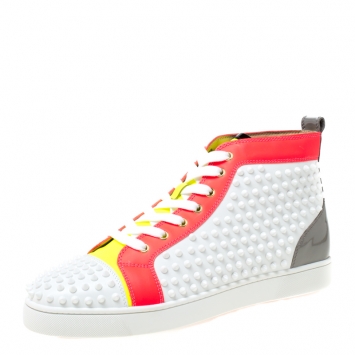Pre Owned Christian Louboutin White Leather With Flourescent Matt Louis Spikes High Top Sneakers Size 45