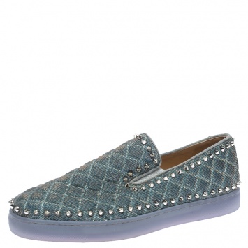 Pre Owned Christian Louboutin Blue Quilted Glitter Fabric Spike Pik Boat Slip On Sneakers Size 43.5