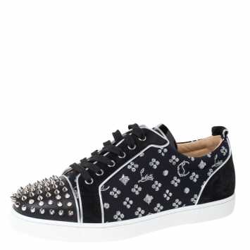 Pre Owned Christian Louboutin Black/Silver Loubi in the Sky Jacquard and Suede Spikes Orlato Sneakers Size 43
