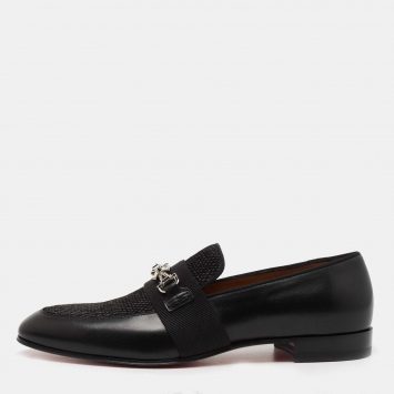 Pre Owned Christian Louboutin Black Leather and Raffia Panamax Spiked Loafers Size 43.5  