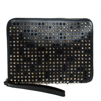 Pre Owned Christian Louboutin Black Leather Spike Zip Around Wristlet Clutch