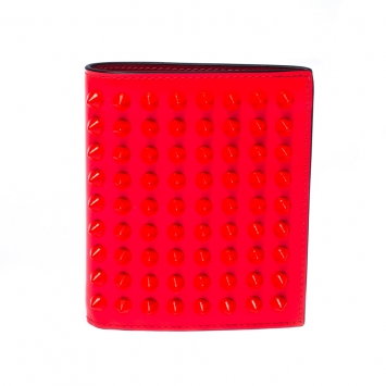 Pre Owned Christian Louboutin Neon Orange Leather Clipsos Studded Bifold Wallet