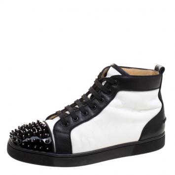Pre Owned Christian Louboutin Monochrome Leather Lou Crystal Embellished Spikes Orlato Sneakers Size 42.5