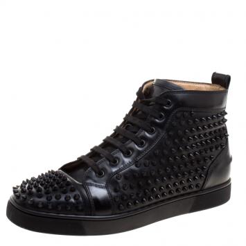 Pre Owned Christian Louboutin Black Leather Louis Spikes High Top Sneakers Size 42.5