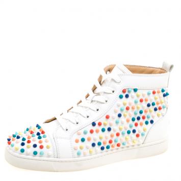 Pre Owned Christian Louboutin White Leather Louis Multicolor Spike High Top Sneakers Size 42