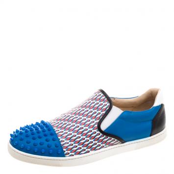 Pre Owned Christian Louboutin Blue Spike Leather and Loubi Print Nazapunta Skate Sneakers Size 42