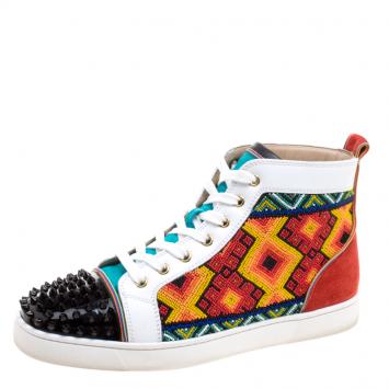 Pre Owned Christian Louboutin Multicolor Embellished Leather and Suede Tipiho High Top Sneakers Size 42