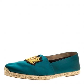 Pre Owned Christian Louboutin Teal Green Satin Nanou Creast Espadrille Size 46