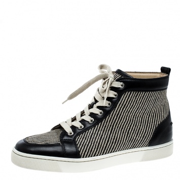 Pre Owned Christian Louboutin Beige/Black Straw and Leather Rantus Sneakers Size 41.5