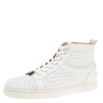 Pre Owned Christian Louboutin White Leather Louis Spikes Lace Up High Top Sneakers Size 44