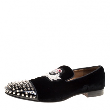 Pre Owned Christian Louboutin Black Velvet Harvanana Spiked Smoking Slippers Size 45